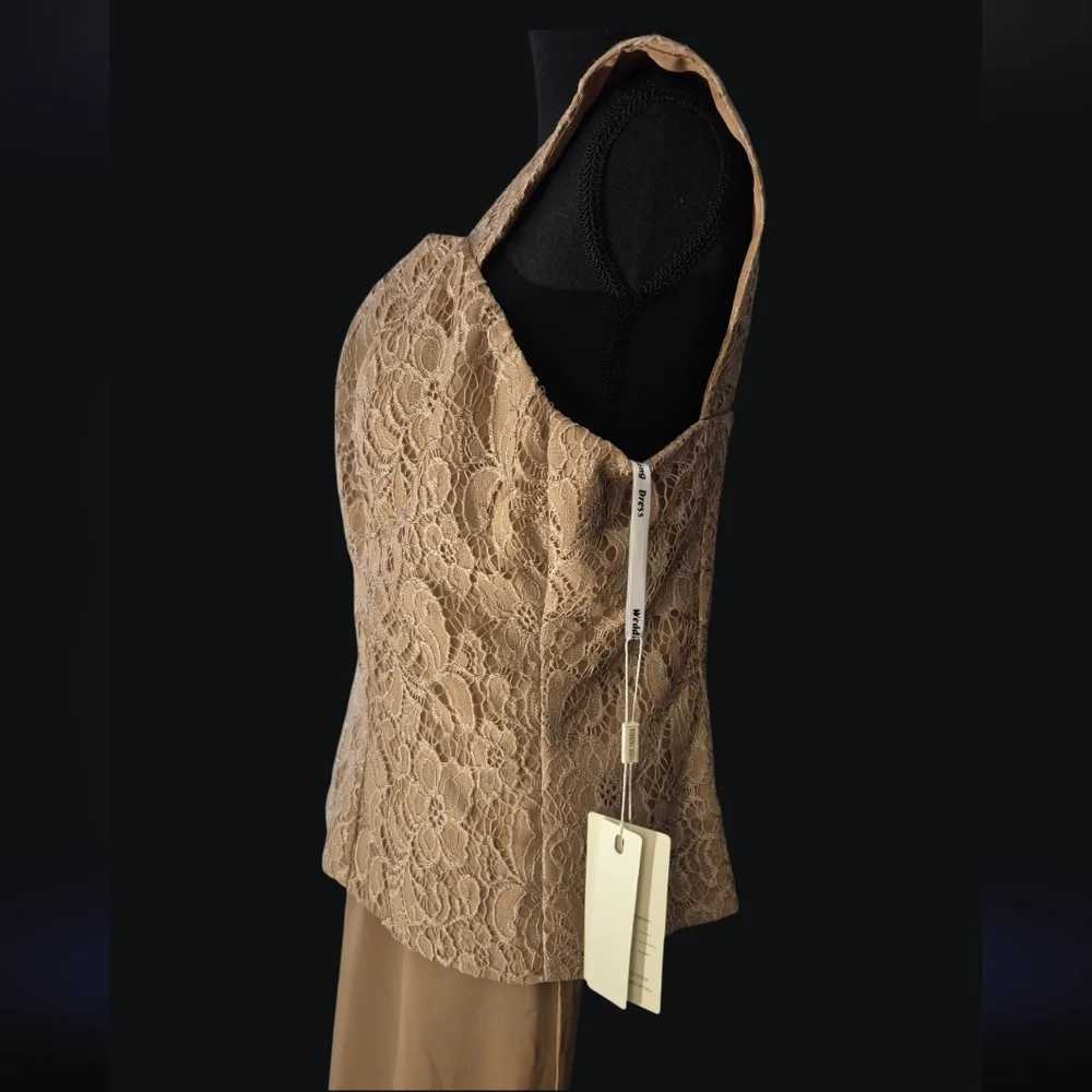 Elegant Nude Taupe Lace Corset Top Chiffon Shrug Wide Leg Pant Suit Set - Size X - Picture 3 of 6